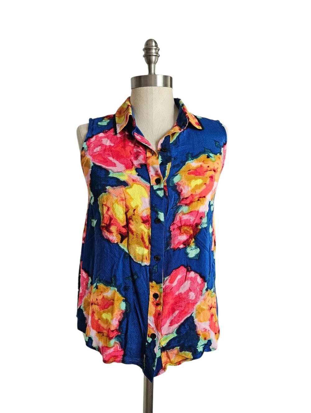 RACHEL ROY Vibrant Floral Sleeveless Eyelet Lace Back Button Down Top | SZ 2